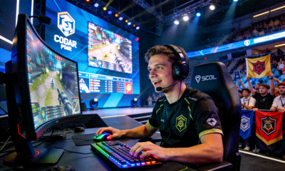 CSGO Major赛事现场，FPS职业选手在比赛中专注操作